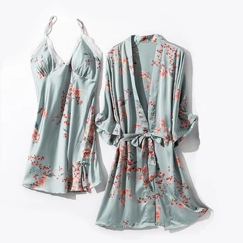 Suvel Naiste Sexy Silk Õhuke Nightdress Nightgowns Kaks rõivakomplekti koos Rinnus Pad Vann Riided Kleit Kleit Komplekti