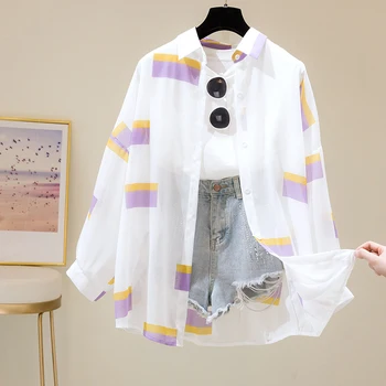 Suvel Päike Kaitse Riided Naistele, Särgid, Pika Varrukaga Pluus Vabaaja Prindi Polo Krae Daamid Tops Korea Stiilis Camisas Mujer