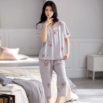 Suvel Uued Pidžaamad Naine Modal Sobivad Lühikesed Varrukad Vasika Pikkusega Püksid Lõdva M-3XL Sleepwear