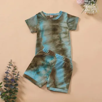 Tie-dye riided väikelastele, poisid ja tüdrukud, tahke värvi lühikeste varrukatega tank top, lühikesed püksid, 2-osaline silmkoelised puuvillased riided