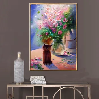 Uue Kunsti Ilus Vaas Maali Käsitsi maalitud Kõrge Kvaliteedi Armas Kass ja Roosa Lill õlimaal Tuba Decor Seina Värvimine