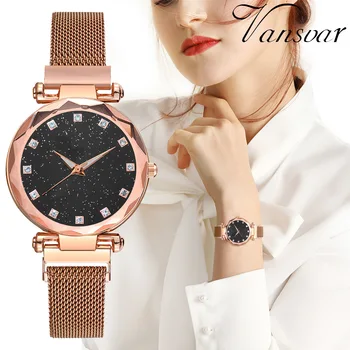 Uus Naiste Luksus Kellad Naiste Käekellad Watch Fashion Punane Roostevabast Terasest Rihm Tähistaeva Diamond Dial Daamid Quartz Watch Magnet