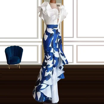 Valge ja Sinine vestido elegante mujer para fiesta Trükitud Asümmeetriline Seelik vestido de mujer elegante Ruffled vestido azul
