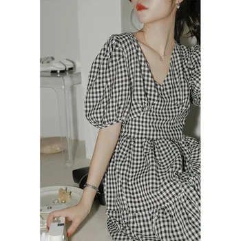 Vintage grid dresse naiste 2021 korea Stiilis Tüdrukute suvine Kleit Kawaii Riided Streetwear rüü femme