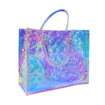 Värvikas shopping bag kott 2021 suvel uus naiste kott magic rainbow õla kantav kott beach läbipaistev laser kott