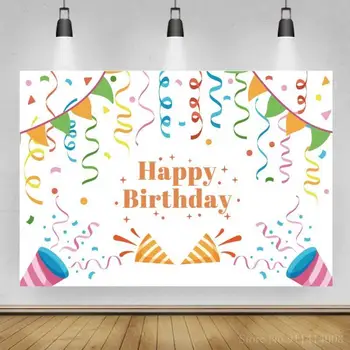 Õnnelik Sünnipäeva Pidu Cheers Foto Taustal Värvilised Lindid Banner Paber Sarv Kook Tabel Decor Taustaks
