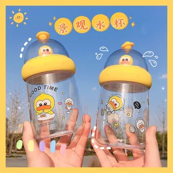 Õpilased tilk tõend plastist tassi läbipaistev pudel kids armas super armas väike kollane part loominguline vee tassi, kompaktne kaasaskantav
